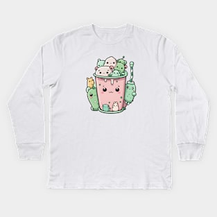 Kawaii Boba Tea with Cute Animals Kids Long Sleeve T-Shirt